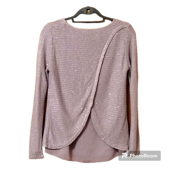 Milano Dusty Rose Pink Sequined Knit Top Split Back Sz S - Picture 5 of 7